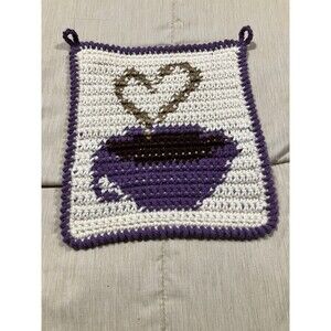 Handmade Crochet Hot Pad Potholder White Purple Cup Of Coffee Love Heart